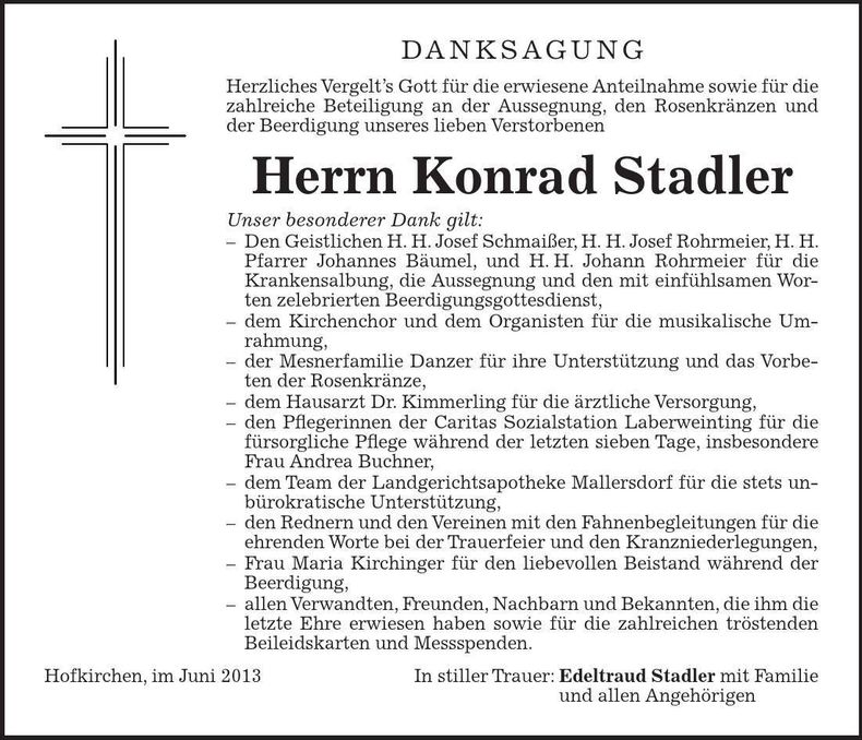 Traueranzeige Konrad Stadler