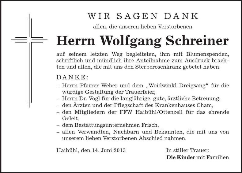 Traueranzeige Wolfgang Schreiner