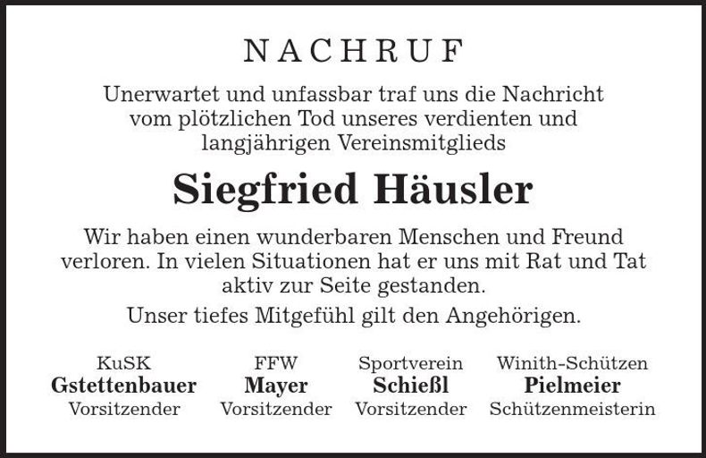 Traueranzeige Siegfried Häusler