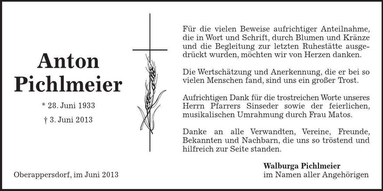 Traueranzeige Anton Pichlmeier