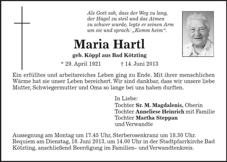 Traueranzeige Maria Hartl
