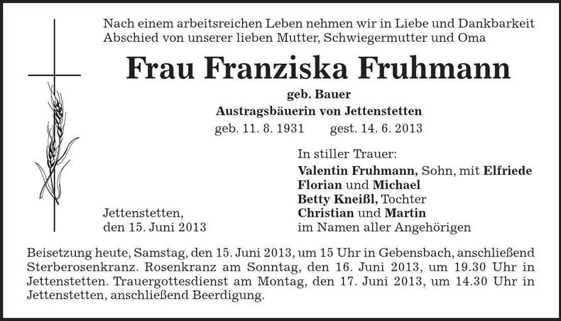 Traueranzeige Franziska Fruhmann