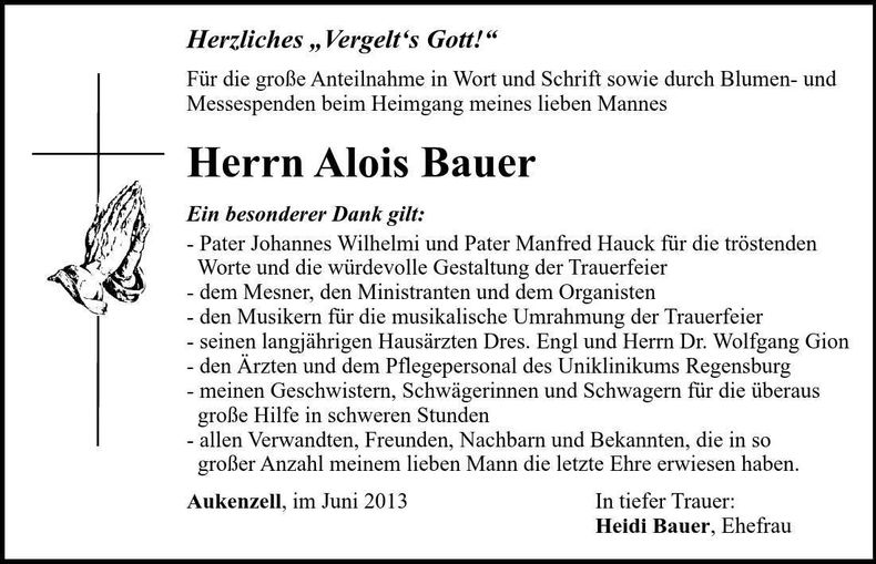 Traueranzeige Alois Bauer