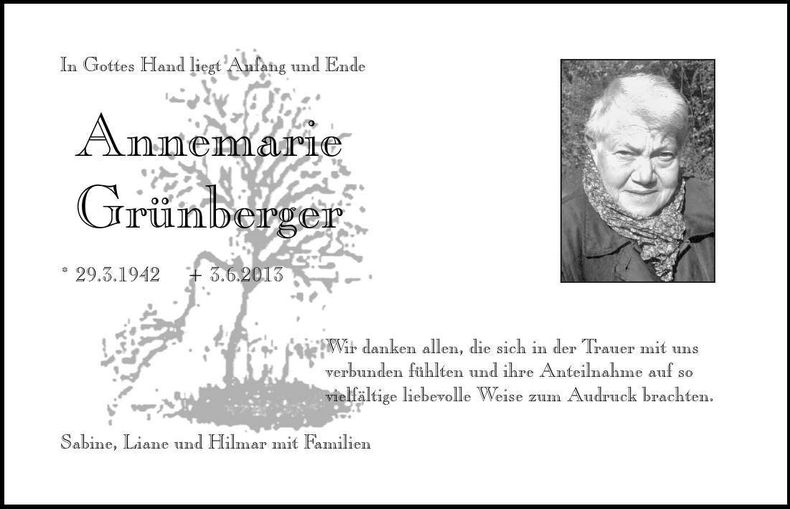 Traueranzeige Annemarie Grünberger