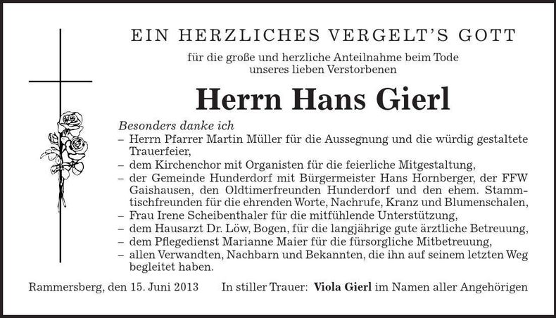 Traueranzeige Hans Gierl