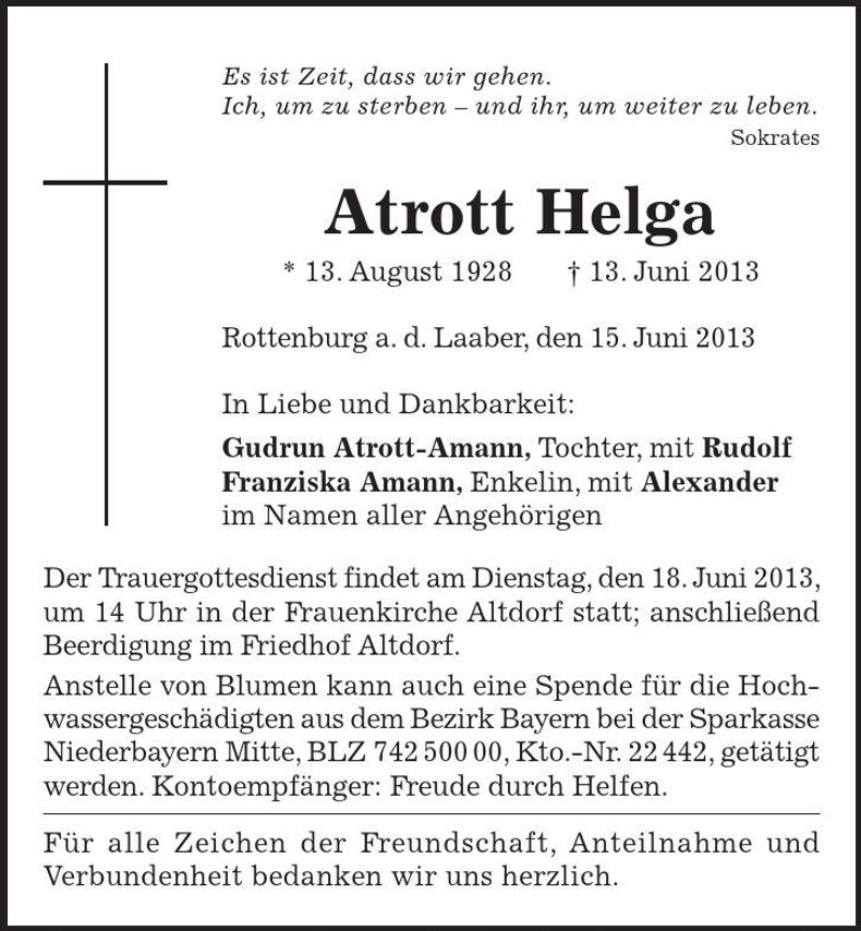 Traueranzeige Helga Atrott