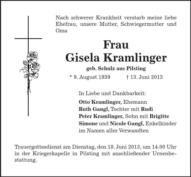 Traueranzeige Gisela Kramlinger