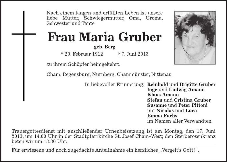 Traueranzeige Maria Gruber