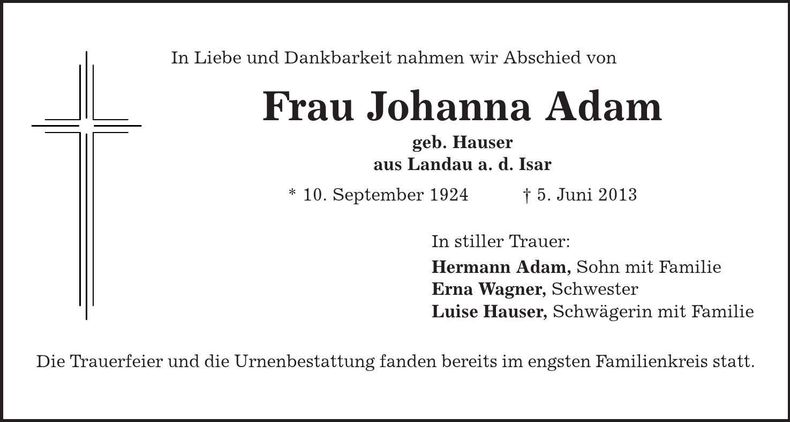 Traueranzeige Johanna Adam