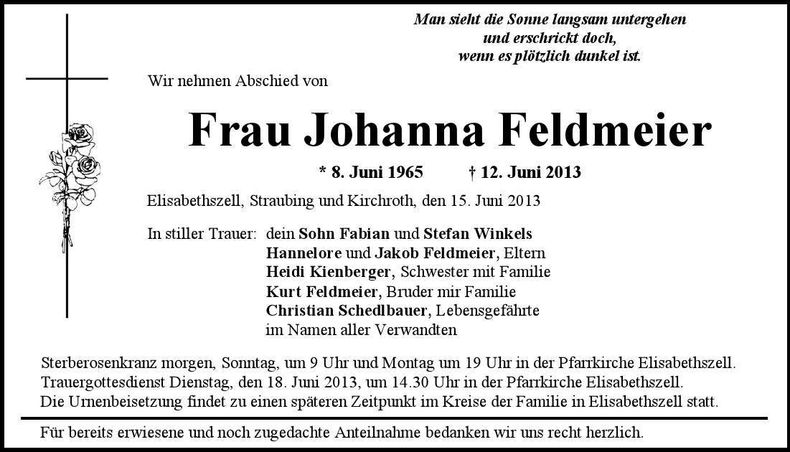 Traueranzeige Johanna Feldmeier
