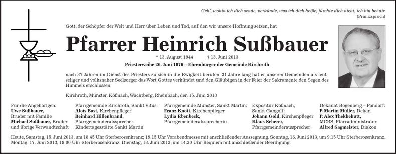 Traueranzeige Heinrich Sußbauer