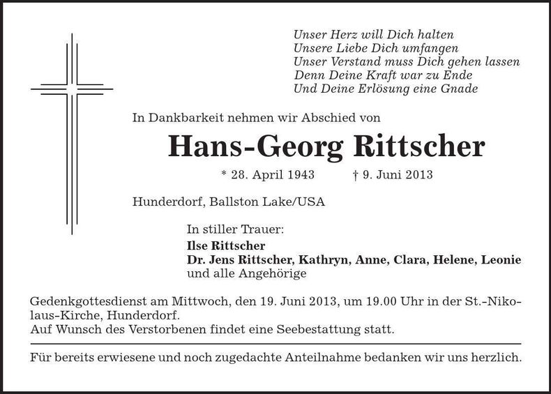 Traueranzeige Hans-Georg Rittscher