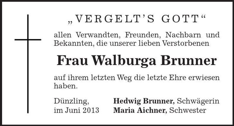 Traueranzeige Walburga Brunner