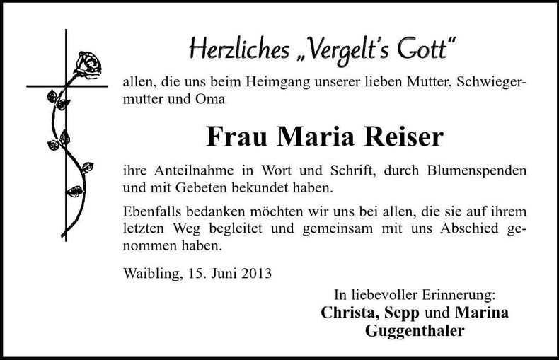Traueranzeige Maria Reiser