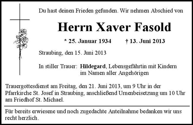 Traueranzeige Xaver Fasold