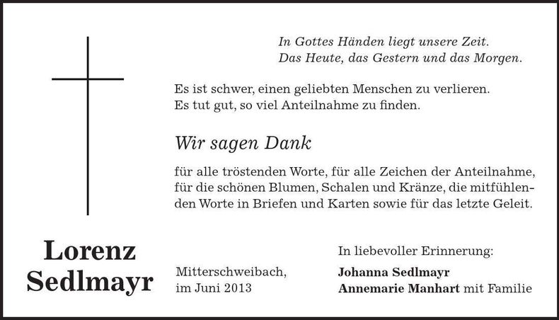 Traueranzeige Lorenz Sedlmayr