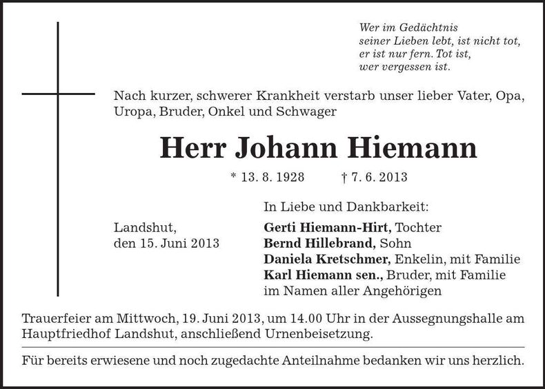 Traueranzeige Johann Hiemann