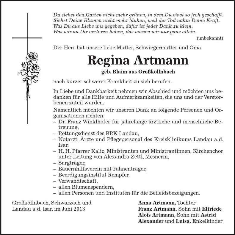 Traueranzeige Regina Artmann