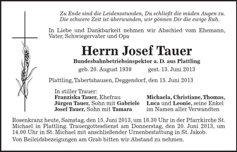 Traueranzeige Josef Tauer