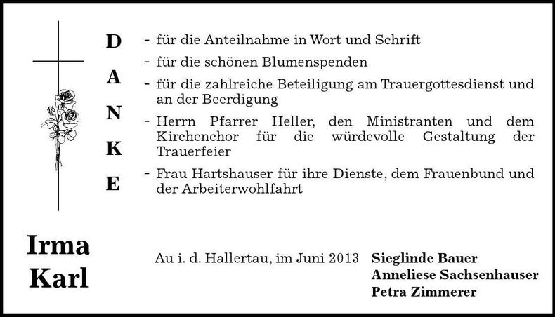 Traueranzeige Irma Karl