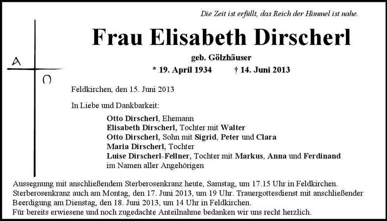 Traueranzeige Elisabeth Dirscherl