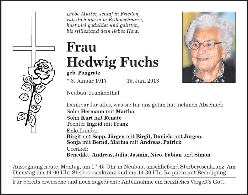 Traueranzeige Hedwig Fuchs