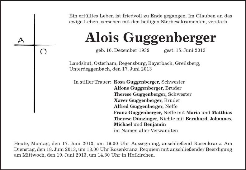Traueranzeige Alois Guggenberger