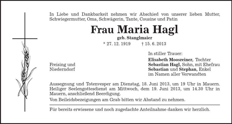 Traueranzeige Maria Hagl