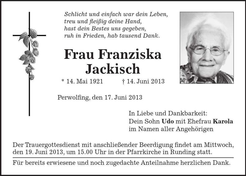 Traueranzeige Franziska Jackisch