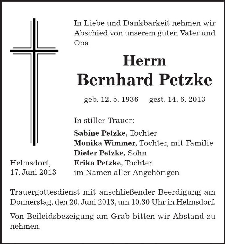 Traueranzeige Bernhard Petzke