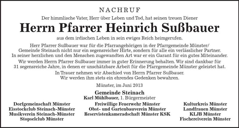 Traueranzeige Heinrich Sußbauer