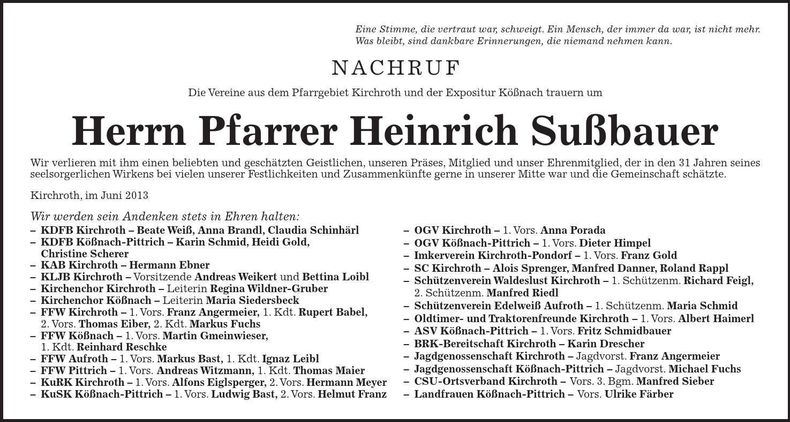 Traueranzeige Heinrich Sußbauer