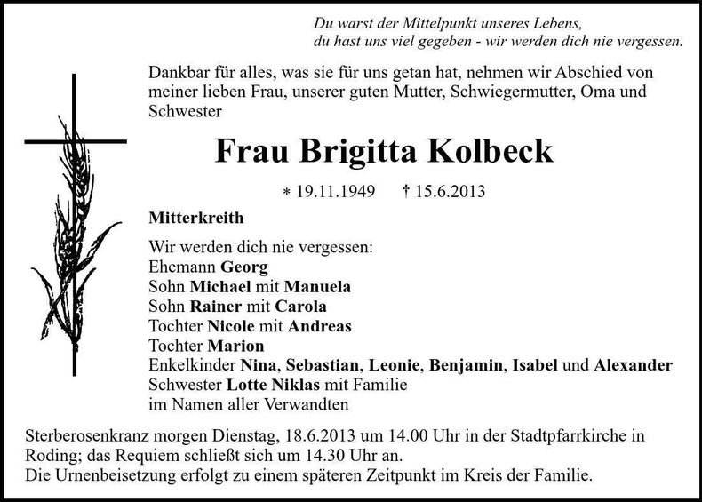 Traueranzeige Brigitte Kolbeck