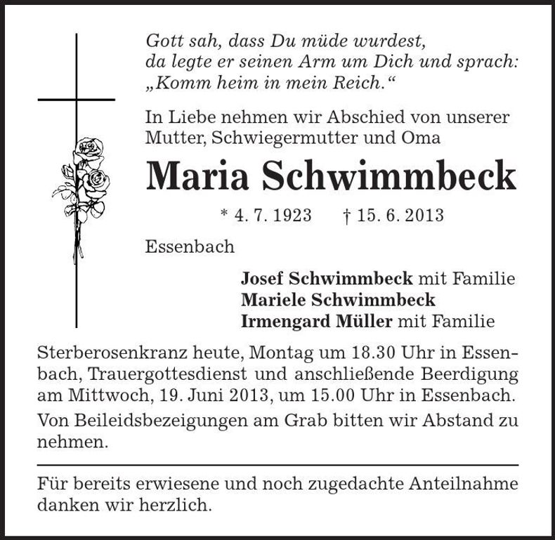 Traueranzeige Maria Schwimmbeck