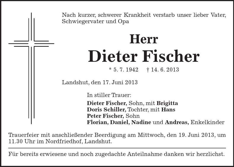Traueranzeige Dieter Fischer