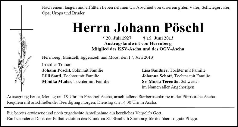 Traueranzeige Johann Pöschl