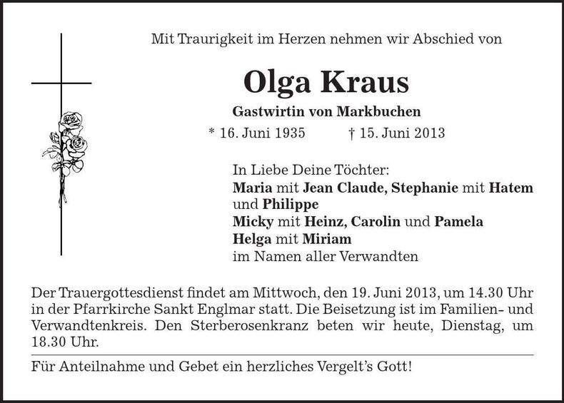 Traueranzeige Olga Kraus