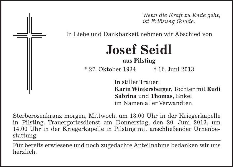 Traueranzeige Josef Seidl