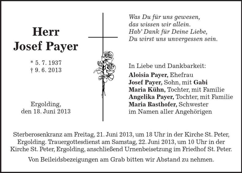 Traueranzeige Josef Payer