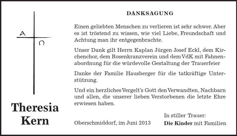 Traueranzeige Theresia Kern