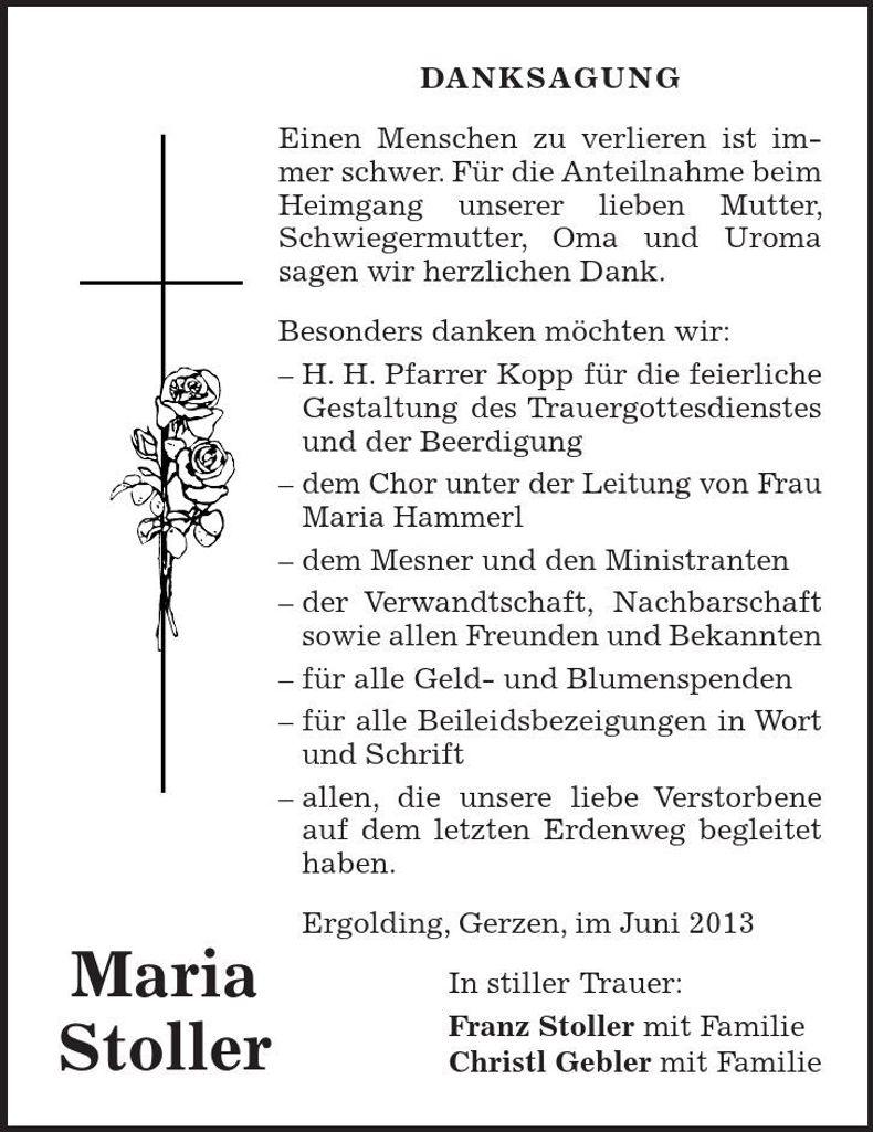 Traueranzeige Maria Stoller