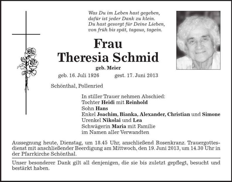 Traueranzeige Theresia Schmid
