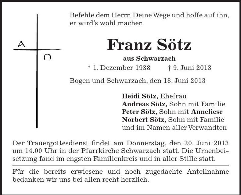 Traueranzeige Franz Sötz