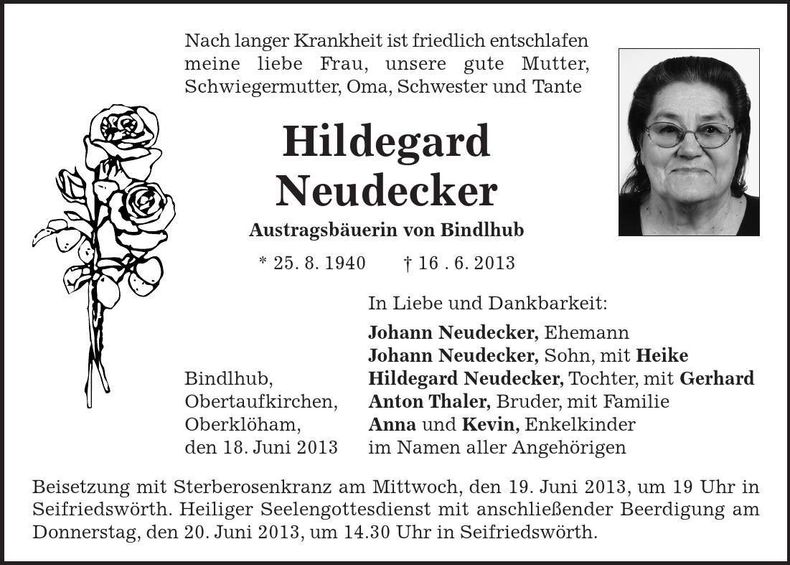 Traueranzeige Hildegard Neudecker