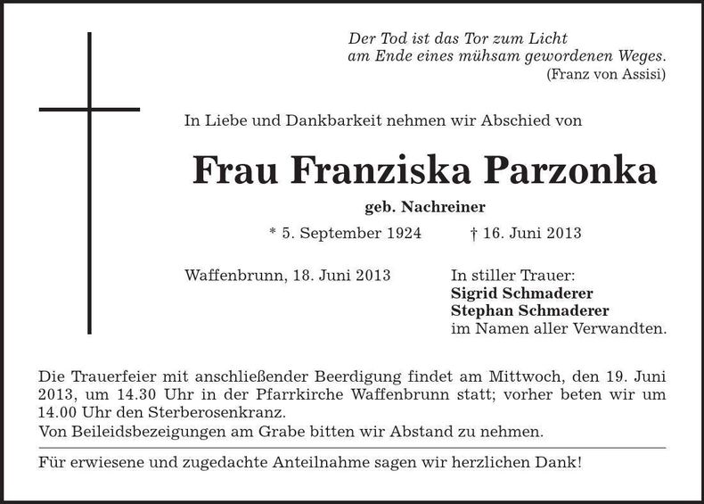 Traueranzeige Franziska Parzonka