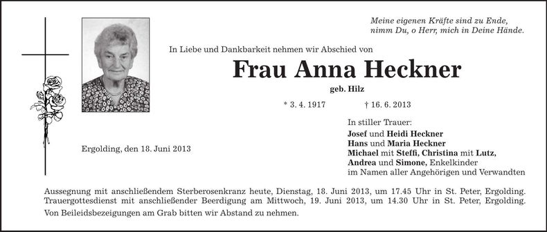 Traueranzeige Anna Heckner