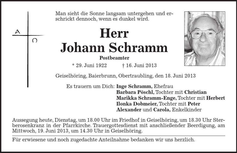 Traueranzeige Johann Schramm