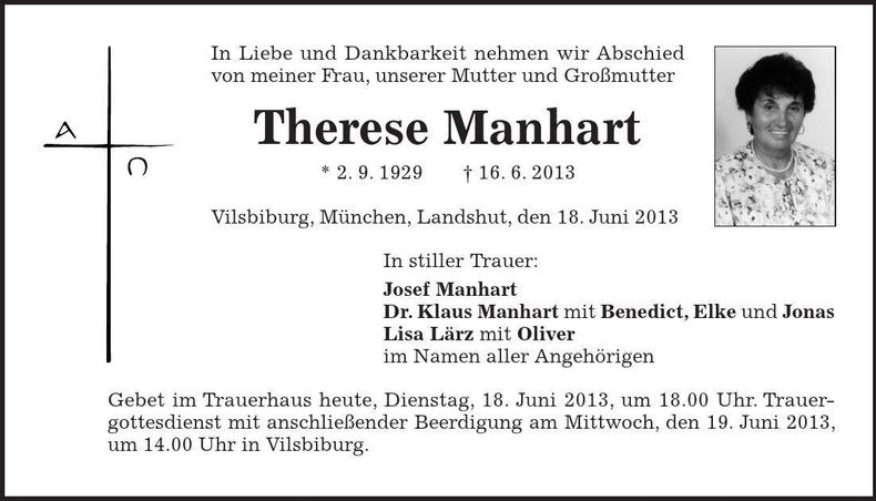 Traueranzeige Therese Manhart