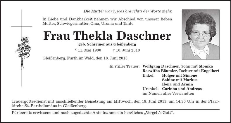 Traueranzeige Thekla Daschner