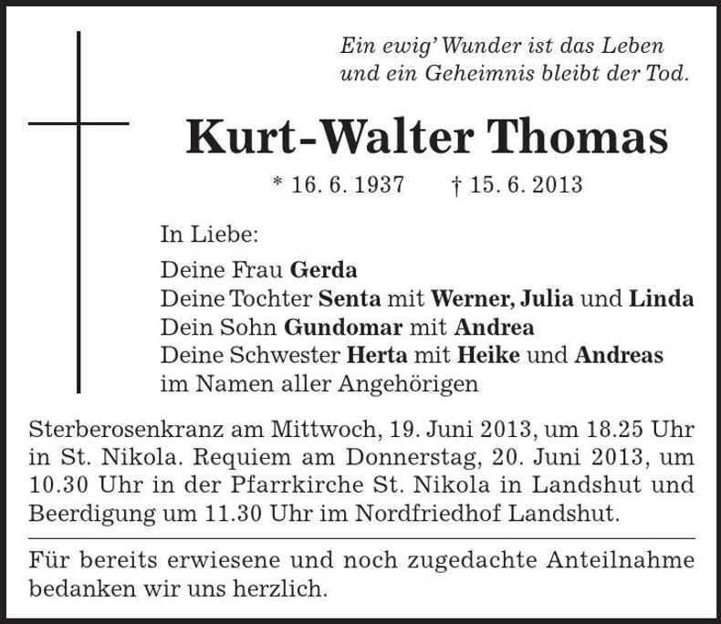 Traueranzeige Kurt-Walter Thomas